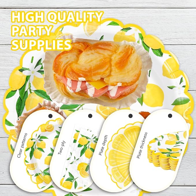 168 Pcs Lemon Party Decorations Yellow Lemons Scalloped Plates Napkins Cups - Image 4