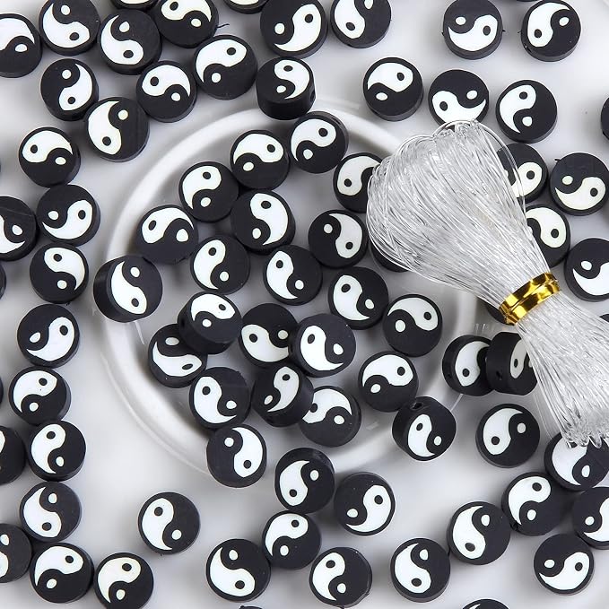 100pcs Black Yin Yang Polymer Clay Spacer Beads by LUBINGSHINE