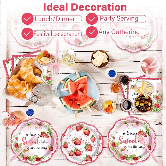 Qyeahkj 100 Pcs Strawberry Baby Shower Party Plates Napkins Forks Supplies Set - Image 7