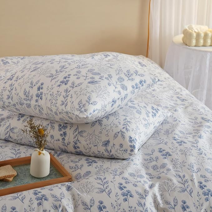 mixinni Girls Blue Flower Leaves Pattern on White Duvet Cover Twin Size Soft - Image 7