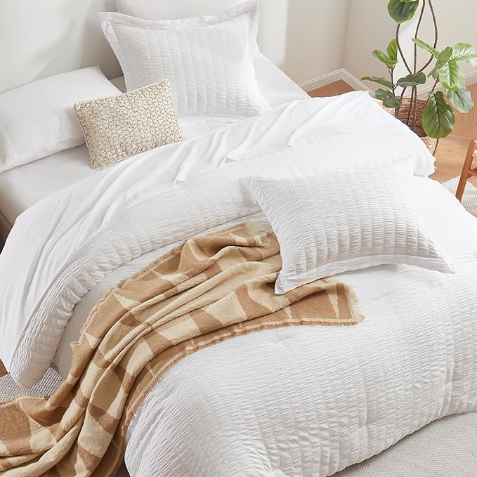 CozyLux Queen Comforter Set White Seersucker 7 Pieces Bed in a Bag Queen - Image 4