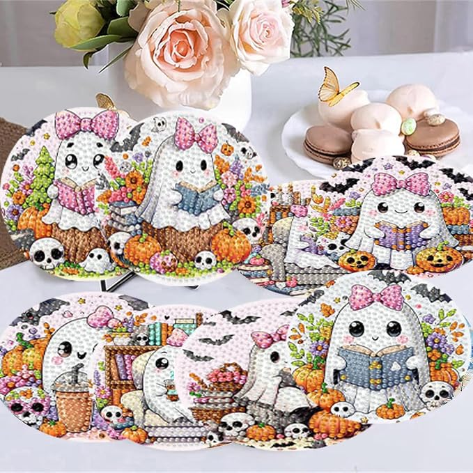 8 Pack Diamond Art Coasters, Halloween Ghost Diamond Painting Coasters Kits | - Image 5