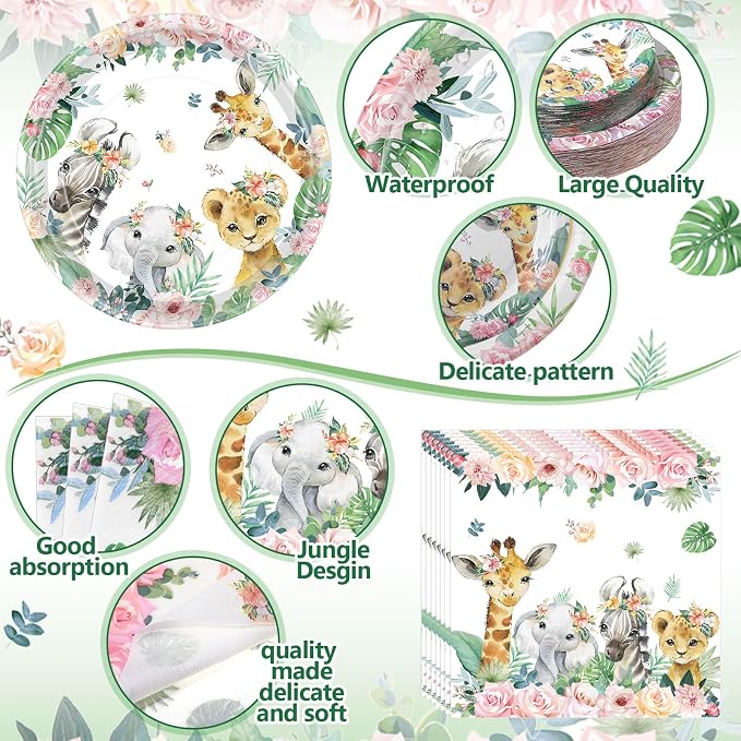 Pickmesh 400 Pcs Safari Birthday Party Supplies Include Pink Green Jungle - Image 3
