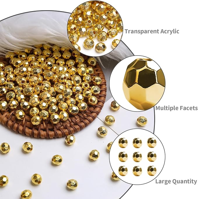BONNY BOXX 1000pcs 6mm Acrylic Faceted Round Crystal Beads Gold Loose Spacer - Image 3