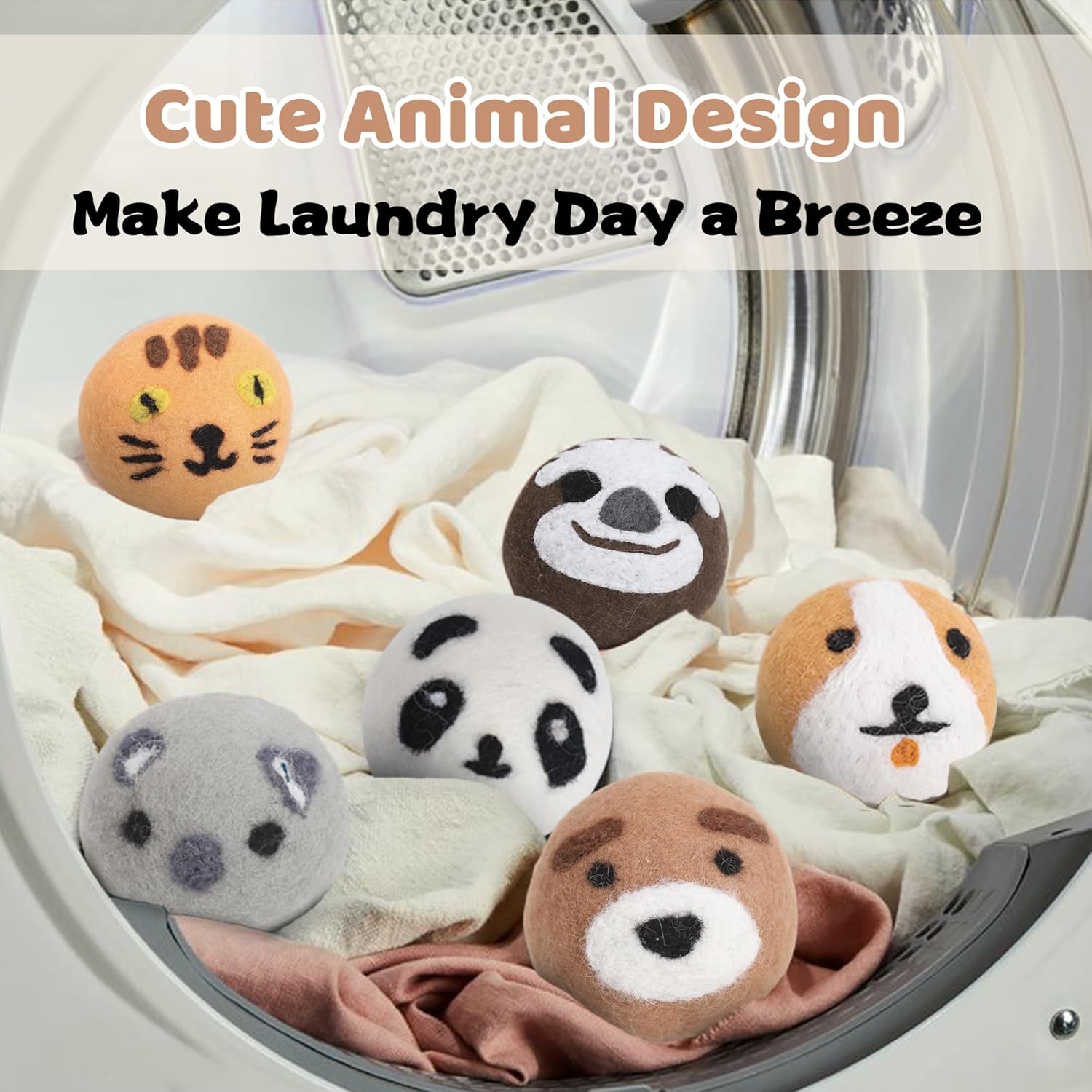 Wool Dryer Balls Laundry Reusable, Natural Eco-Friendly Fabric Softener Reduce Clothing Wrinkles, New Zealand Wool Laundry Balls for Dryer (Pack of 6, Animal)
