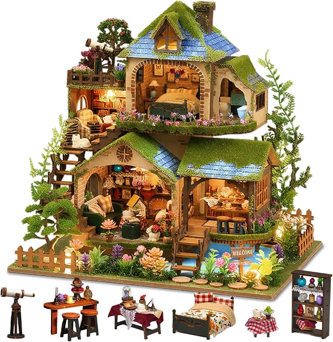 DIY Miniature House Kit with LED Lights, Forest Adventure Wooden Mini House by LogicTwist