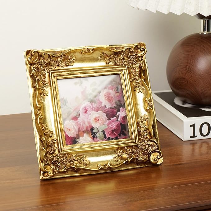Cuspin 4x4 Gold Picture Frame Square, Vintage Ornate Resin Photo Frame - Image 7