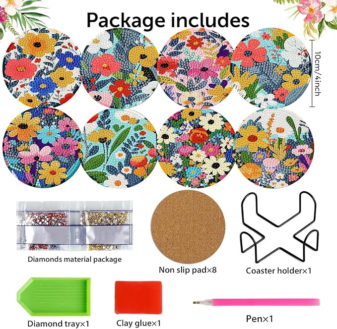 8 Pack Diamond Art Coasters, Wildflowers Diamond Painting Coasters Kits | - Image 2