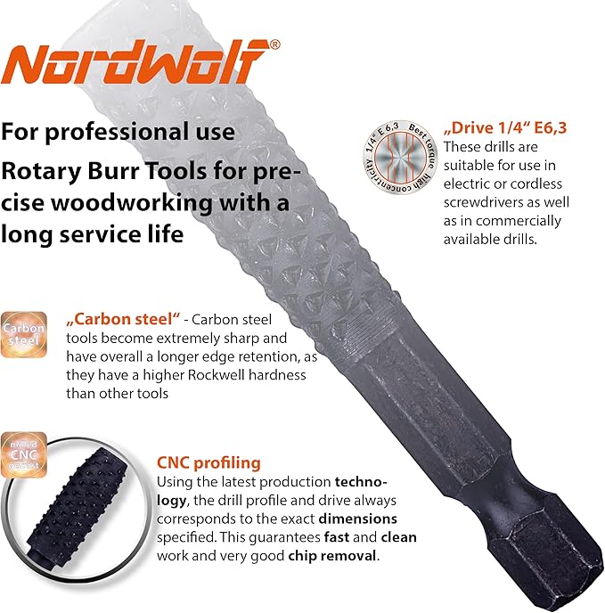 NordWolf 10-Piece Rotary Burr Wood Carving Rasp Files Set, - Image 4