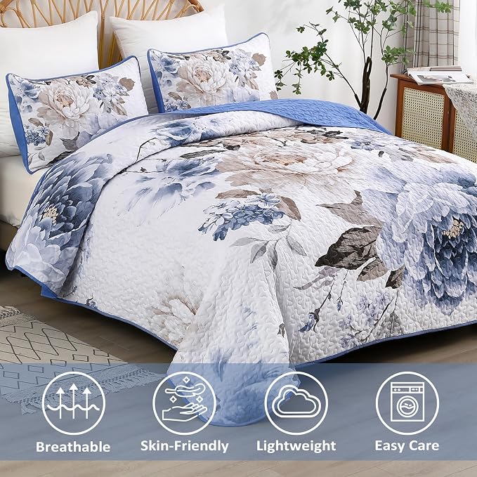 WONGS BEDDING Floral Quilt Set Blue California King Size 3 Pieces Elegant - Image 2