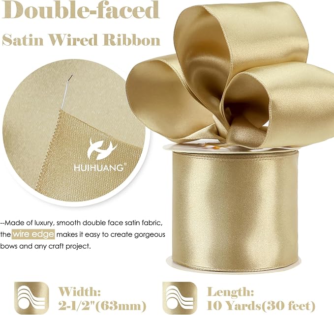 HUIHUANG Champagne Satin Wired Ribbon 2.5 inch Champagne Gold Wire Edge Ribbon - Image 2