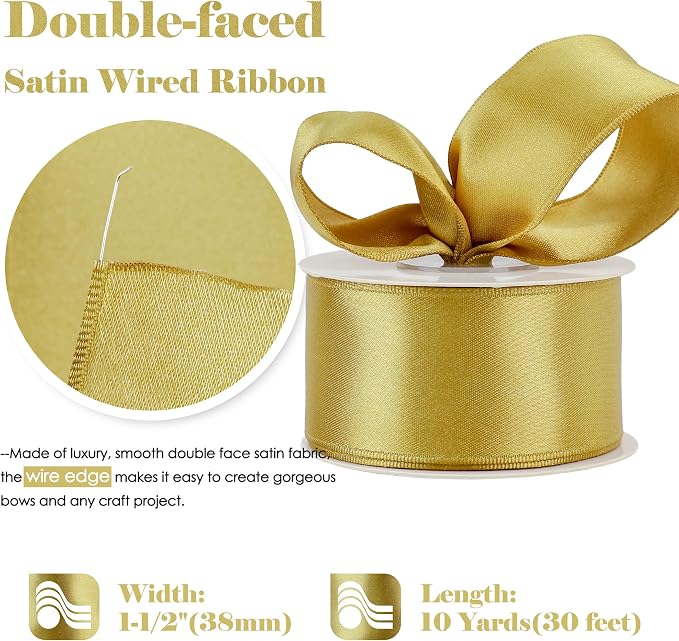 HUIHUANG Gold Satin Wired Ribbon 1-1/2 inch Gold Christmas Ribbon - Image 2