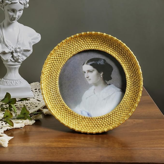 Cuspin 5x5 Round Picture Frame Gold, Vintage Woven Rattan Textured Circle Photo - Image 7