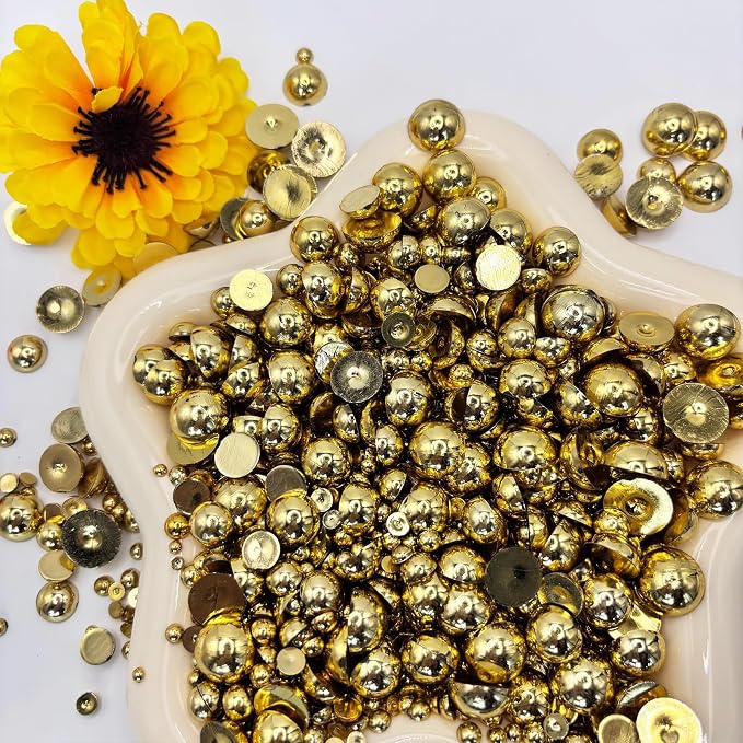 1500PCS 3-14mm Shiny Gold Flatback Pearls, 150g Half-Round ABS Pearls - Image 2