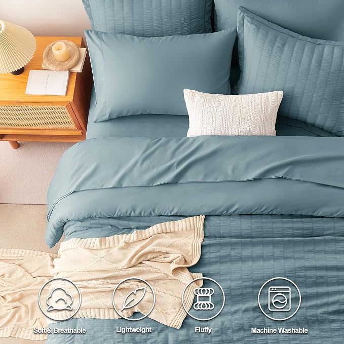 CozyLux Oversized King Comforter Set Mineral Blue Seersucker 7 Pieces 120x98 - Image 2