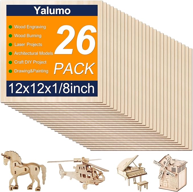 Basswood Sheets 12 x 12 x 1/8 Inch, 26 Packs Plywood Sheets Unfinished Wood by YALUMO