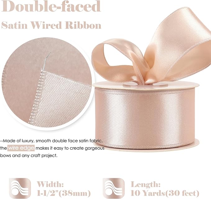 HUIHUANG Rose Gold Satin Wired Ribbon 1-1/2 inch Double-Sided Wire Edge Ribbon - Image 2