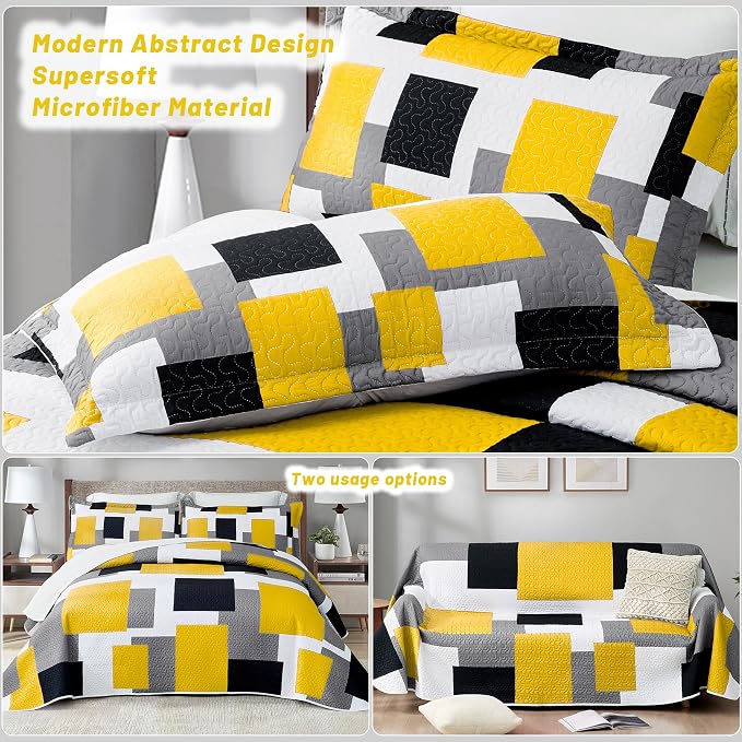 Tyrot 2 Piece Yellow Grey Quilt Set Twin Size Yellow Gray White Geometric - Image 3