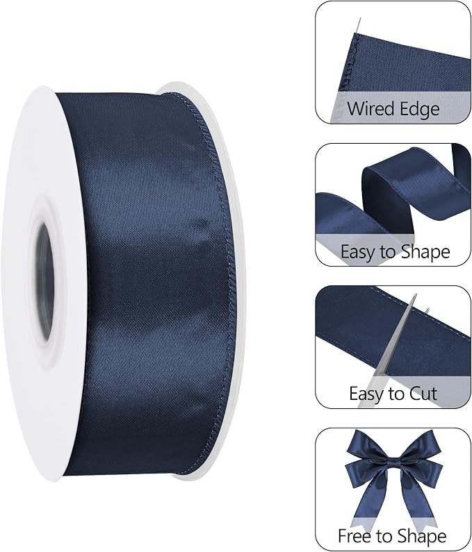 Navy Blue 1.5 Inch Continuous 25 Yards Satin Wired Ribbon - Image 3