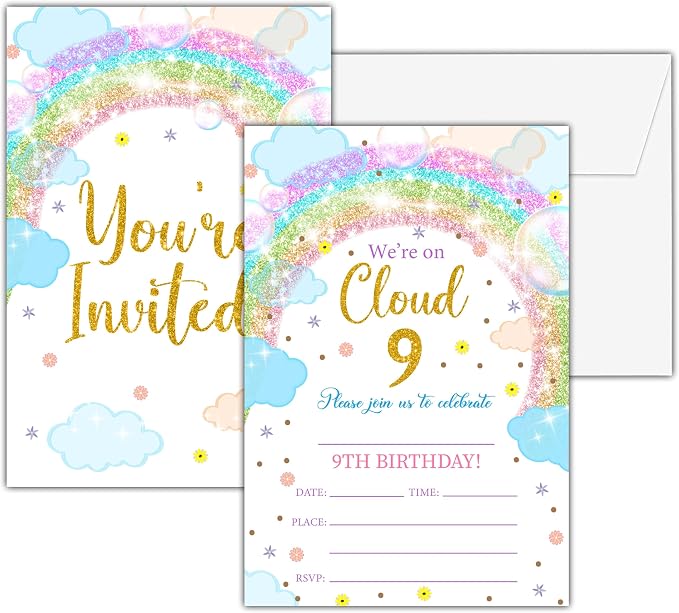 9th Birthday Invitations, 25 Double-Sided Rainbow Clouds Party Invitation Cards by seclate