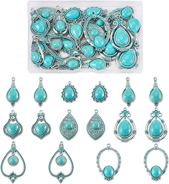 24Pcs Tibetan Style Turquoise Charms 8 Styles Heart Teardrop Oval Vintage - Image 7