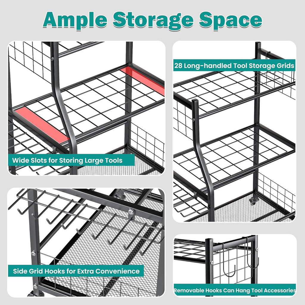 EVERHANGER Garden Tool Organizer Stand, Garage Tool Storage Organization, Yard Tool Racks with lockable wheels, Fit for Long-Handled Tools/Rakes/Brooms, Indoor/Outdoor Use