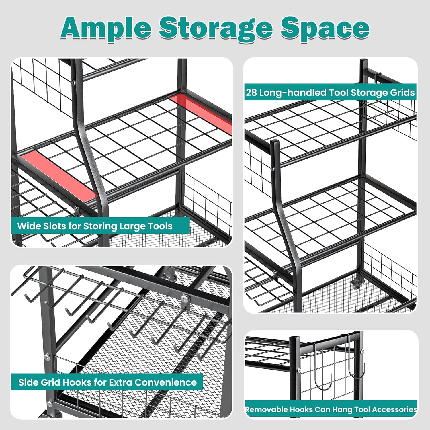 EVERHANGER Garden Tool Organizer Stand, Garage Tool Storage Organization, Yard Tool Racks with lockable wheels, Fit for Long-Handled Tools/Rakes/Brooms, Indoor/Outdoor Use