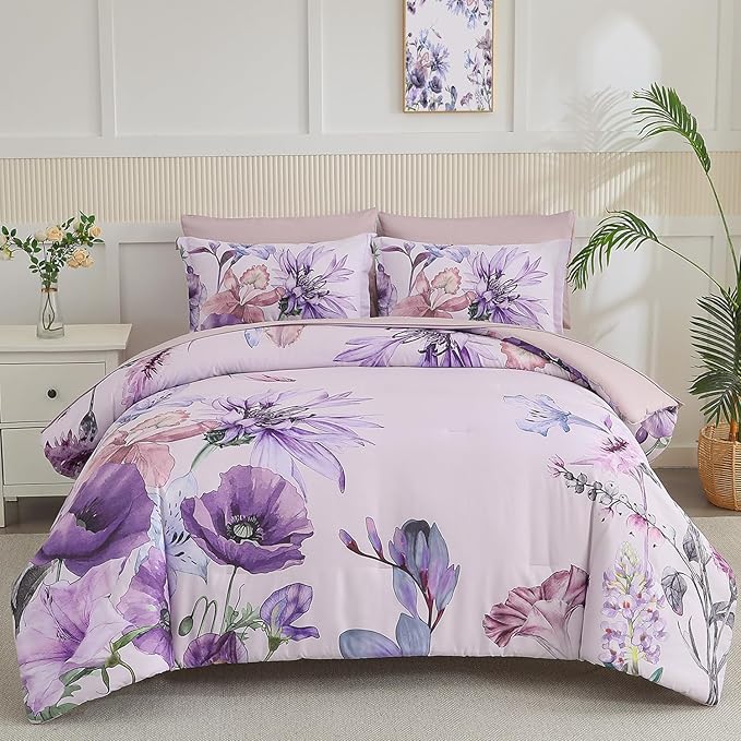 Yogeneg Queen Comforter Set 7 Piece Bed in a Bag, Elegant Floral Botanical by YOGENEG