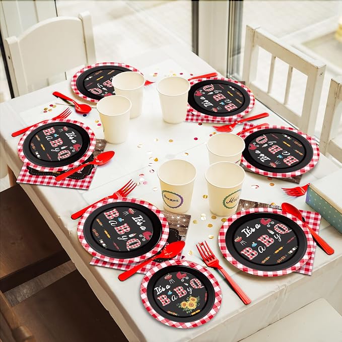 Tevxj 96 PCS BBQ Baby Shower Plates Napkins BabyQ Party Tableware It’s A Baby Q - Image 5