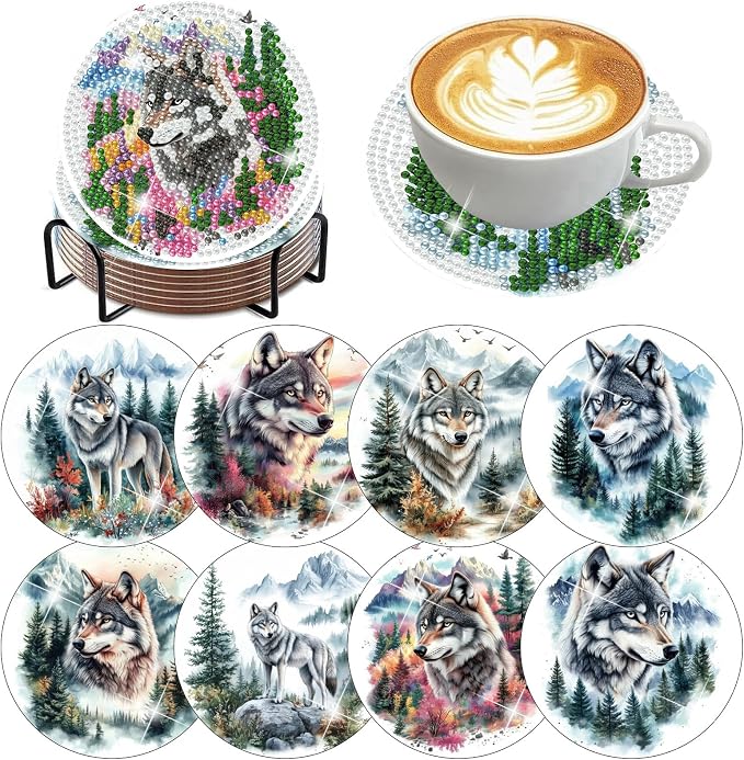 8 Pack Diamond Art Coasters, Wolf Forest animals Diamond Painting Coasters | by Zythron
