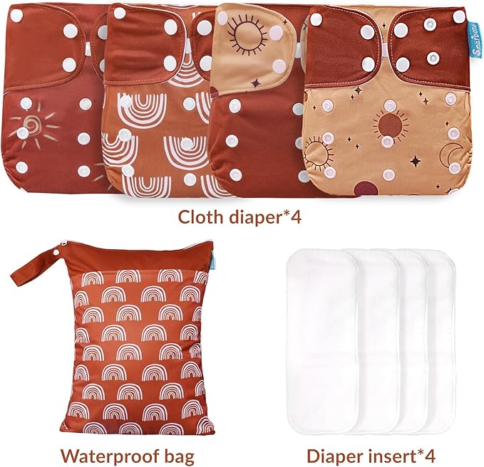 Baby Cloth Diapers Set - 4 Pack with 4 Inserts & 1 Wet/Dry Separation Bag, Reusable Infant Toddler Nappy, Adjustable Pocket Diapers for Baby Boys and Girls (6-33 pounds, 0-3 Years)