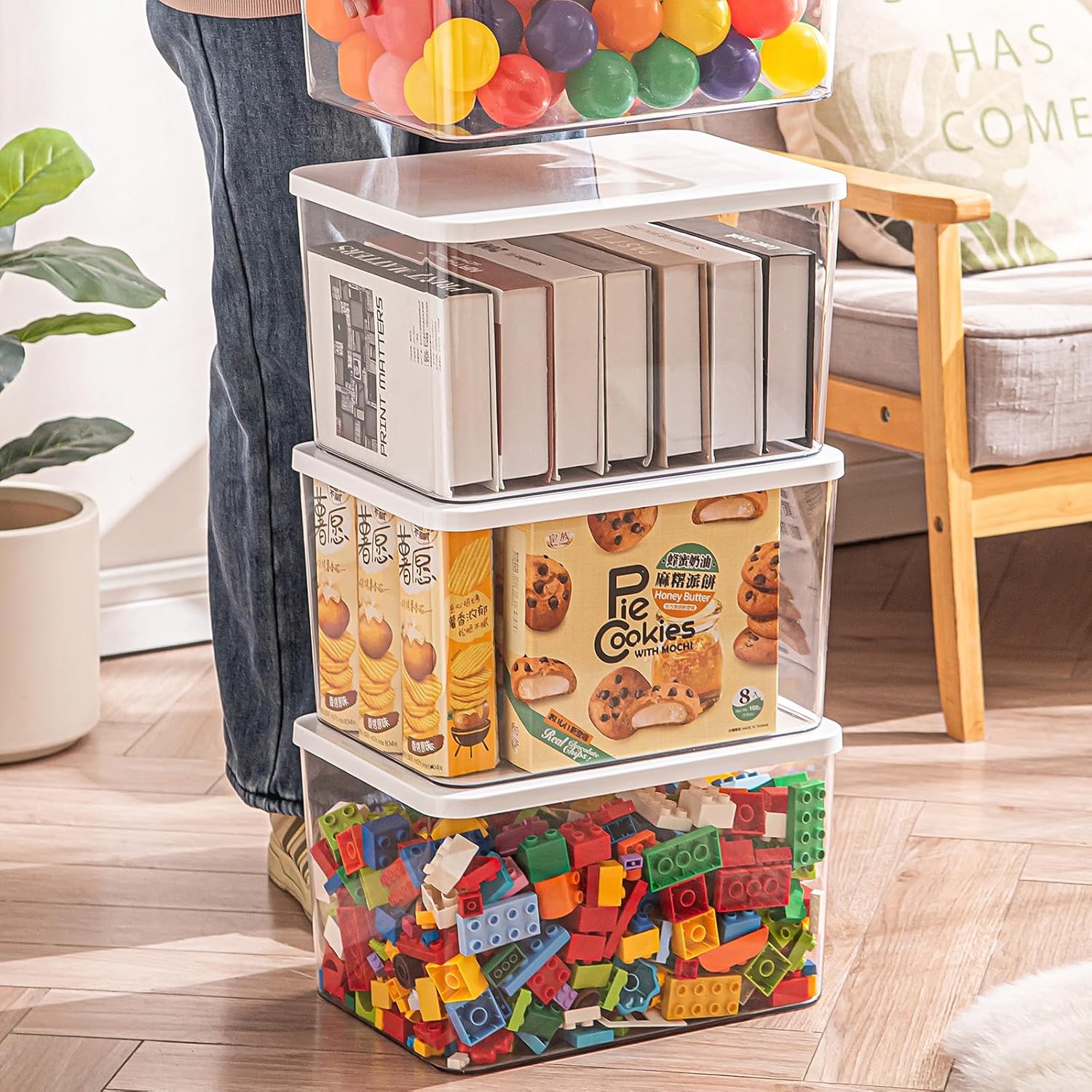 Clear plastic storage bins with LIDS-4packs,storage containers for snacks, cosmetics, books, dog food, Storage Organizer for Nursery，Kitchen, Living room,Bedroom, Bathroom, Office (Clear-White Lid)