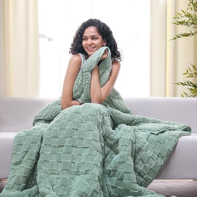 Drewin 15lbs Weighted Blanket Queen Size, Classy Soft Jacquard Checkered Sherpa by Home