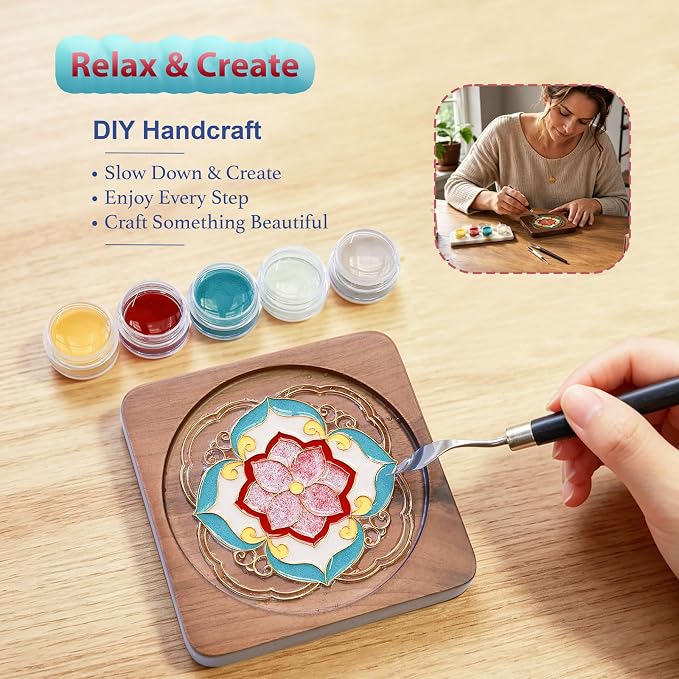 Wooden Coasters Craft Kits – Filigree Enamels Painting DIY Coasters Art - Image 4