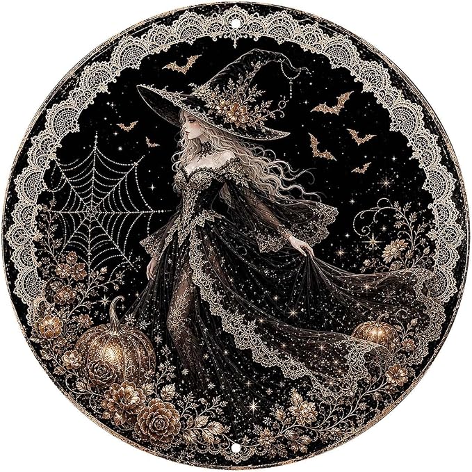 Elegant Gothic Witch Halloween Metal Tin Sign Round Wall Decor Black Dress Gold by Unknown