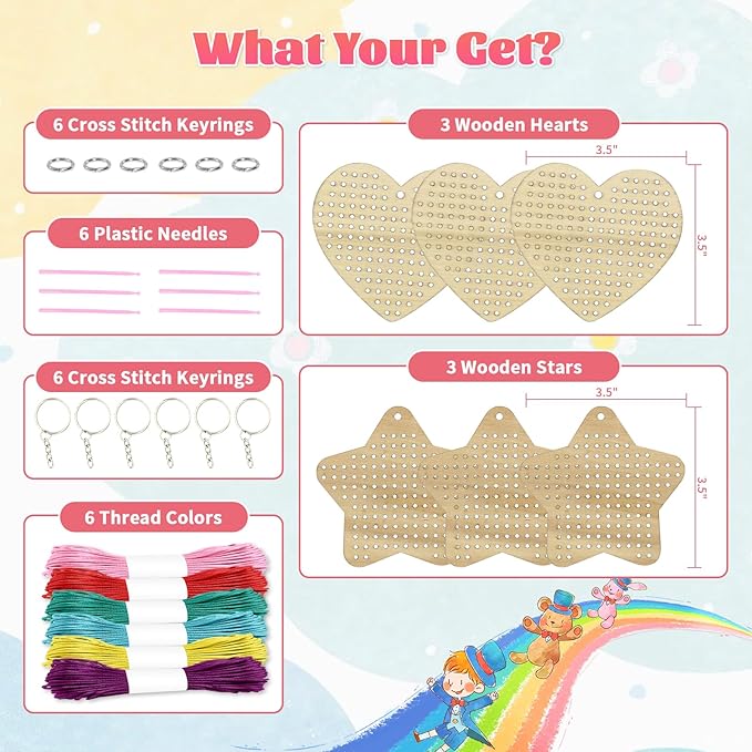 VKPI Wooden Cross Stitch Kits for Kids, Make Your Own 6 Cross Stitching Keyrings - Image 2