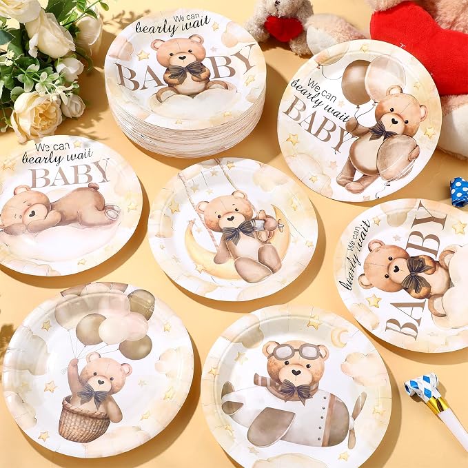 Funnymoom 60 Pcs Bear Baby Shower Decorations 7 Inch Brown Bear Paper Plates We - Image 6