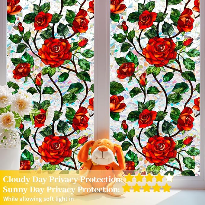 Bloss Rose Stained Glass Windows Film, 35.4x118 inch 3D Flower Privacy Window - Image 4