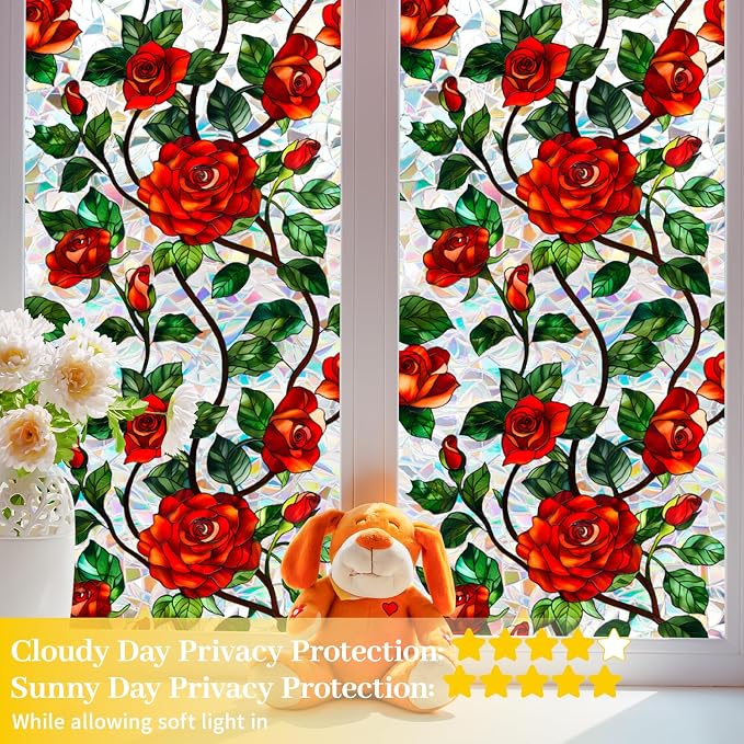 Bloss Rose Stained Glass Windows Film, 23.6x78.7inch 3D Flower Privacy Window - Image 5