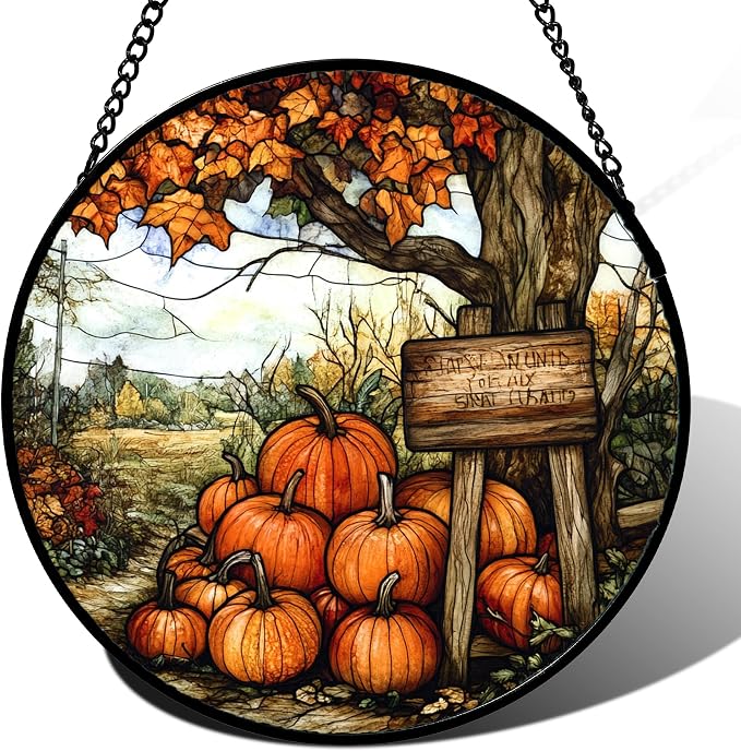 DASTOLL Stained Glass Window Hanging Fall Farm Scenery Maple Trees Pumpkin by DASTOLL