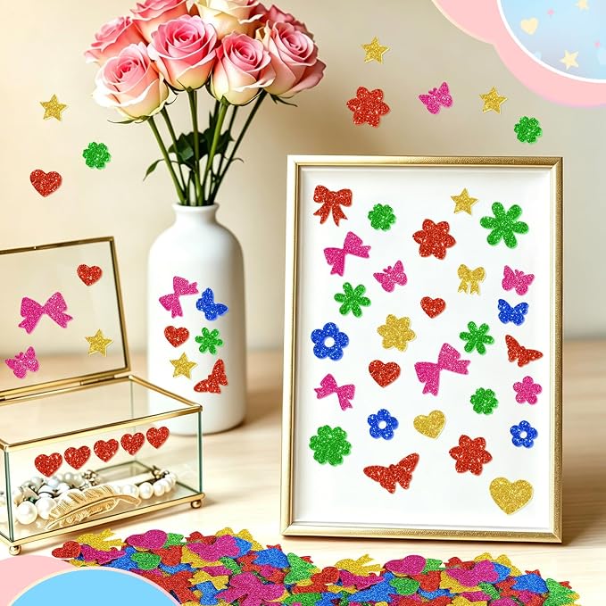 500Pcs Foam Stickers Glitter Colorful Flower Butterfly Bow Shapes Stickers - Image 7