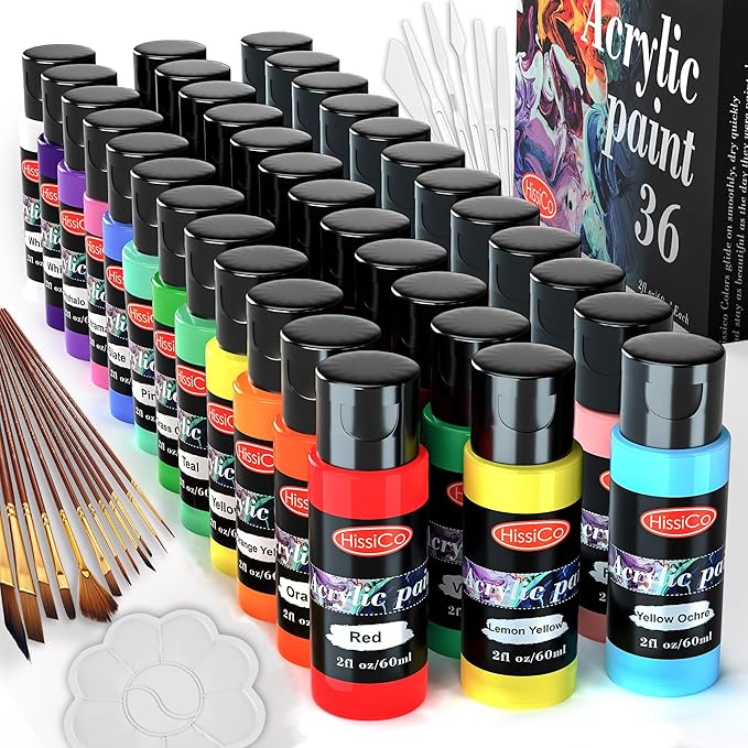 55PCS Acrylic Paint Set of 36 Colors 2fl oz 60ml Bottles 12 Brushes, Non Toxic by HissiCo