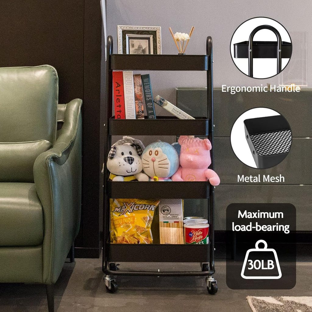 elabo 4-Tier Metal Mesh Utility Rolling Cart, Storage Organizer Trolley Services Cart with Lockable Wheels for Kitchen, Bathroom, Living Room (Black)