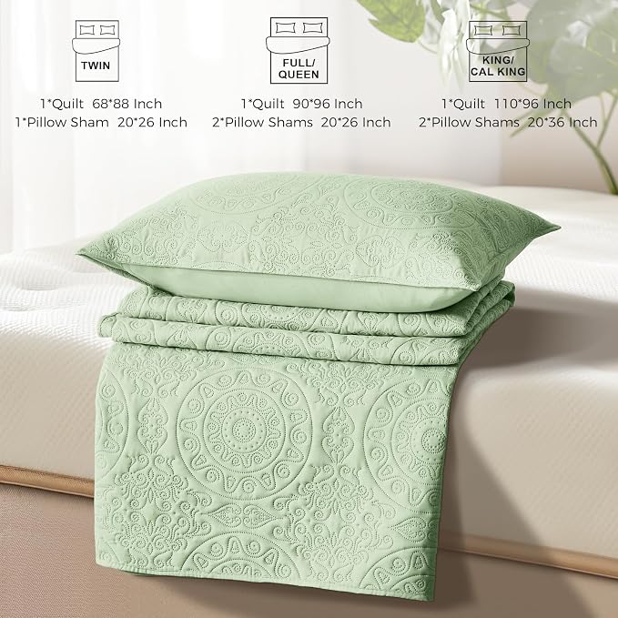 WURUIBO Light Green Quilt Set King/Cal King Size, Embossing Microfiber - Image 7