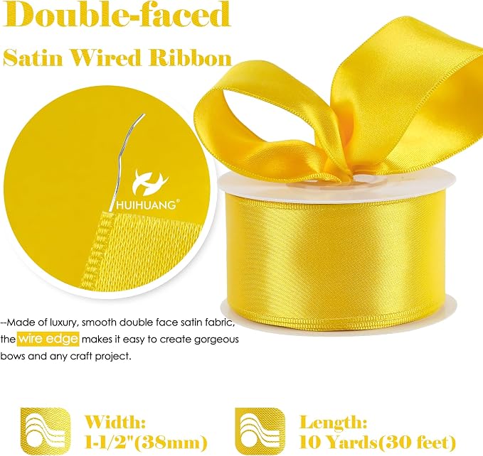 HUIHUANG Yellow Satin Wired Ribbon 1-1/2 inch Yellow Wire Edge Ribbon - Image 2