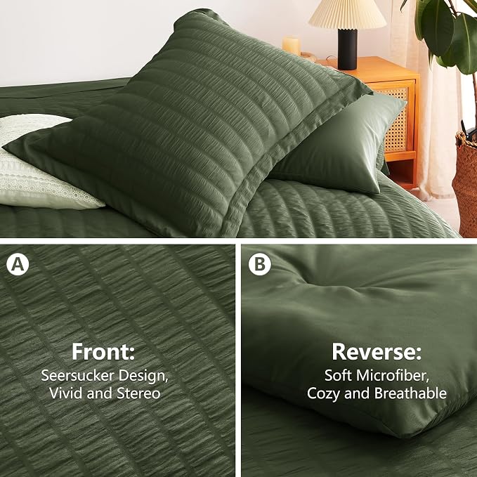CozyLux Oversized King Comforter Set Olive Green Seersucker 7 Pieces Bed in a - Image 4