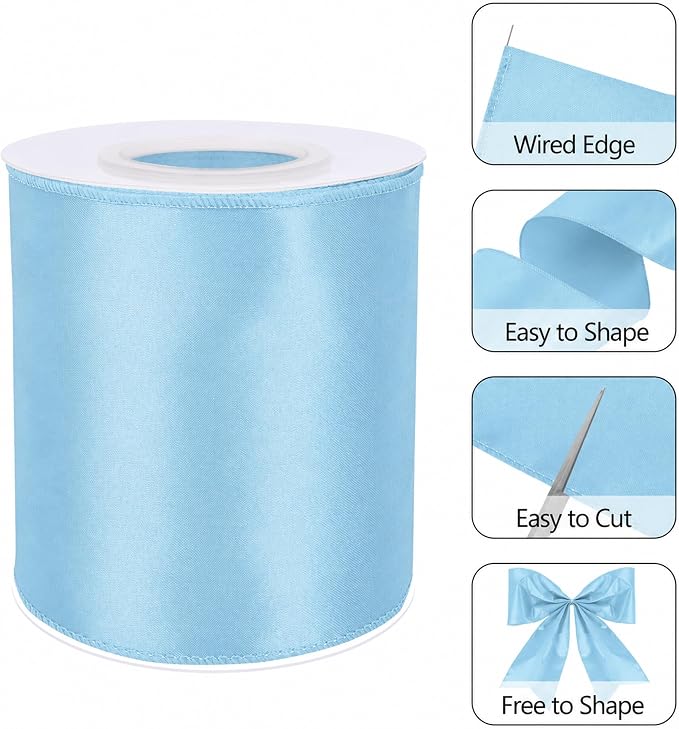 Light Blue 4 Inch Continuous 15 Yards Satin Wired Ribbon - Image 3