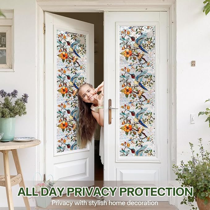 Stained Glass Window Film UV Resistant Window Privacy Film, Hummingbird Floral - Image 3