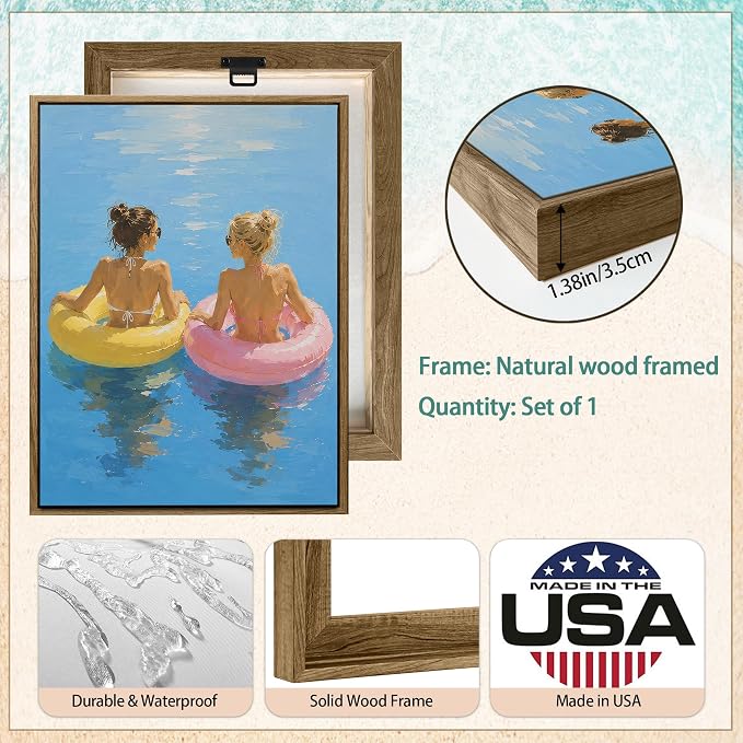 Framed Pastel Beach Float Wall Art Two Women in Colorful Swim Rings on Calm - Image 4