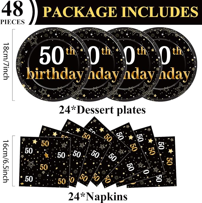 Qyeahkj 48Pcs 50th Birthday Paper Plates and Napkins Black and Gold Happy - Image 2